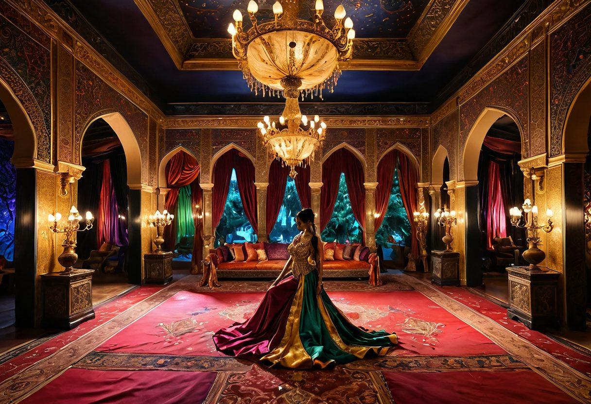 A mesmerizing scene depicting a lavish sultan's palace filled with vibrant silks, intricate patterns, and alluring shadows. Exotic dancers and entertainers captivating an audience, blending elements of fantasy and eroticism with rich jewel tones. Lush gardens and magical lighting create an enchanting atmosphere that reflects the journey of pleasure. super-realistic. vibrant colors. luxurious ambiance.