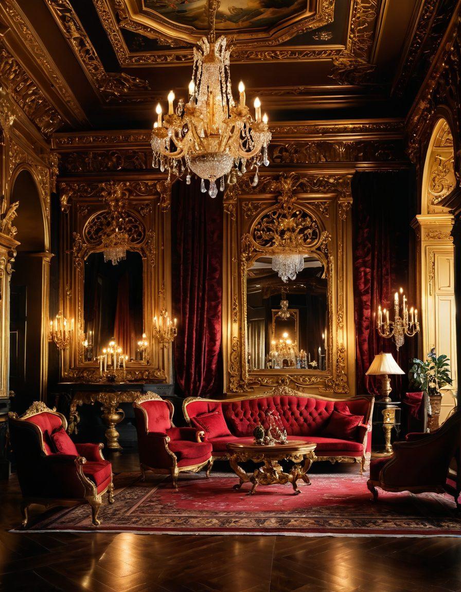 A luxurious and opulent palace interior, featuring lavish fabrics and intricate patterns, softly lit by golden candlelight. In the foreground, silhouettes of elegantly dressed figures in alluring poses, suggesting seduction and allure, with a hint of mystery in their expressions. The background showcases ornate architecture and exotic decor, creating an atmosphere of erotic allure and power. vibrant colors. super-realistic. baroque style.
